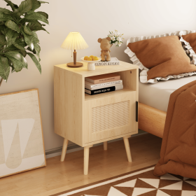 22.83" H Rattan Nightstand, Side Table with Door Open Shelf,Accent Bedside End Table with Solid Wood Legs for Bedroom, Dorm and Small Spaces