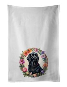 Flat-Coated Retriever and Flowers Kitchen Towel Set of 2 White Dish Towels Decorative Bathroom Hand towel for Hand, Face, Hair, Yoga, Tea, Dishcl