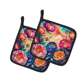 Colorful Peonies Pair of Pot Holders Kitchen Heat Resistant Pot Holders Sets Oven Hot Pads for Cooking Baking BBQ, 7 1/2 x 7 1/2