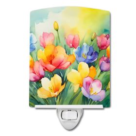 NEW Freesias in Watercolor Ceramic Night Light Compact, UL-Certified, Ideal for Bedroom, Bathroom, Nursery, Hallway, Kitchen, 6x4x3, Multicolor