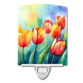 NEW Tulips in Watercolor Ceramic Night Light Compact, UL-Certified, Ideal for Bedroom, Bathroom, Nursery, Hallway, Kitchen, 6x4x3, Multicolor