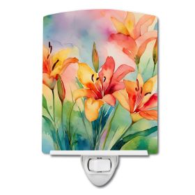 NEW Lilies in Watercolor Ceramic Night Light Compact, UL-Certified, Ideal for Bedroom, Bathroom, Nursery, Hallway, Kitchen, 6x4x3, Multicolor