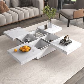 Square Marble Veneer Coffee Table Sliding Top with Storage in 39.4'' (Material: MDF, Color: White)