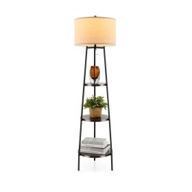 Shelf Floor Lamp with Storage Shelves and Linen Lampshade (Color: as show)