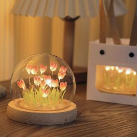 1pc Tulips Gifts For Women Flower Gifts For Her Gifts For Women Birthday Xmas Gift For Mom; Artificial Decor In Glass Dome With Led Light Night L (Color: 10 Finished Pink Tulips + Gift Bag)