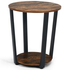 2-Tier Round End Table with Storage Shelf and Metal Frame (Color: Brown)