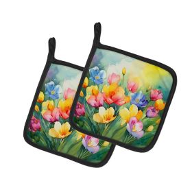 Freesias in Watercolor Pair of Pot Holders Kitchen Heat Resistant Pot Holders Sets Oven Hot Pads for Cooking Baking BBQ, 7 1/2 x 7 1/2 (Default: Default)